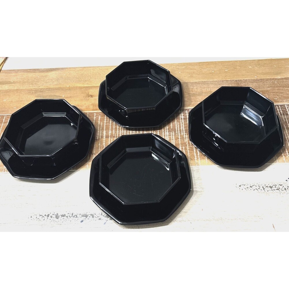 Arcoroc OCTIME Black Set Of 4 Salad Plates and Bowls 7.5”  France